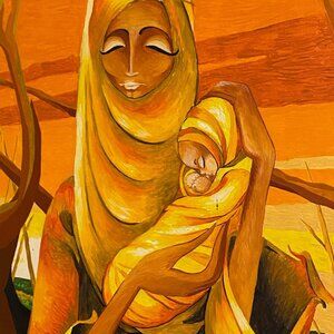 1971 "Mother Morning" Madonna & Child Painting by Rhoda Swaffer Earth Tones Tags